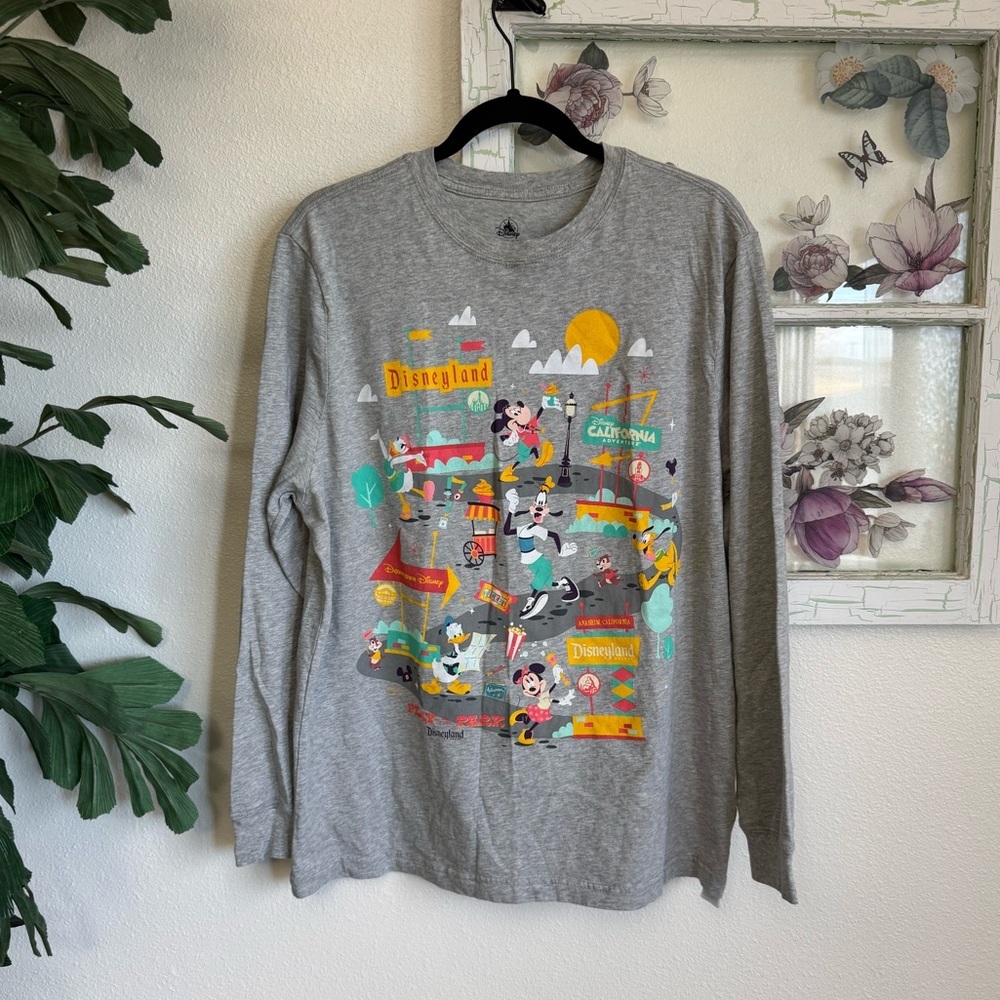 Disney Parks Long Sleeve Graphic Shirt Gray Disneyland Characters Size Large